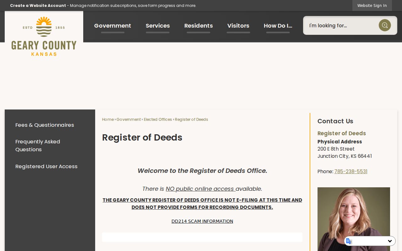 Geary County Register of Deeds access page for the Junction City residents directory