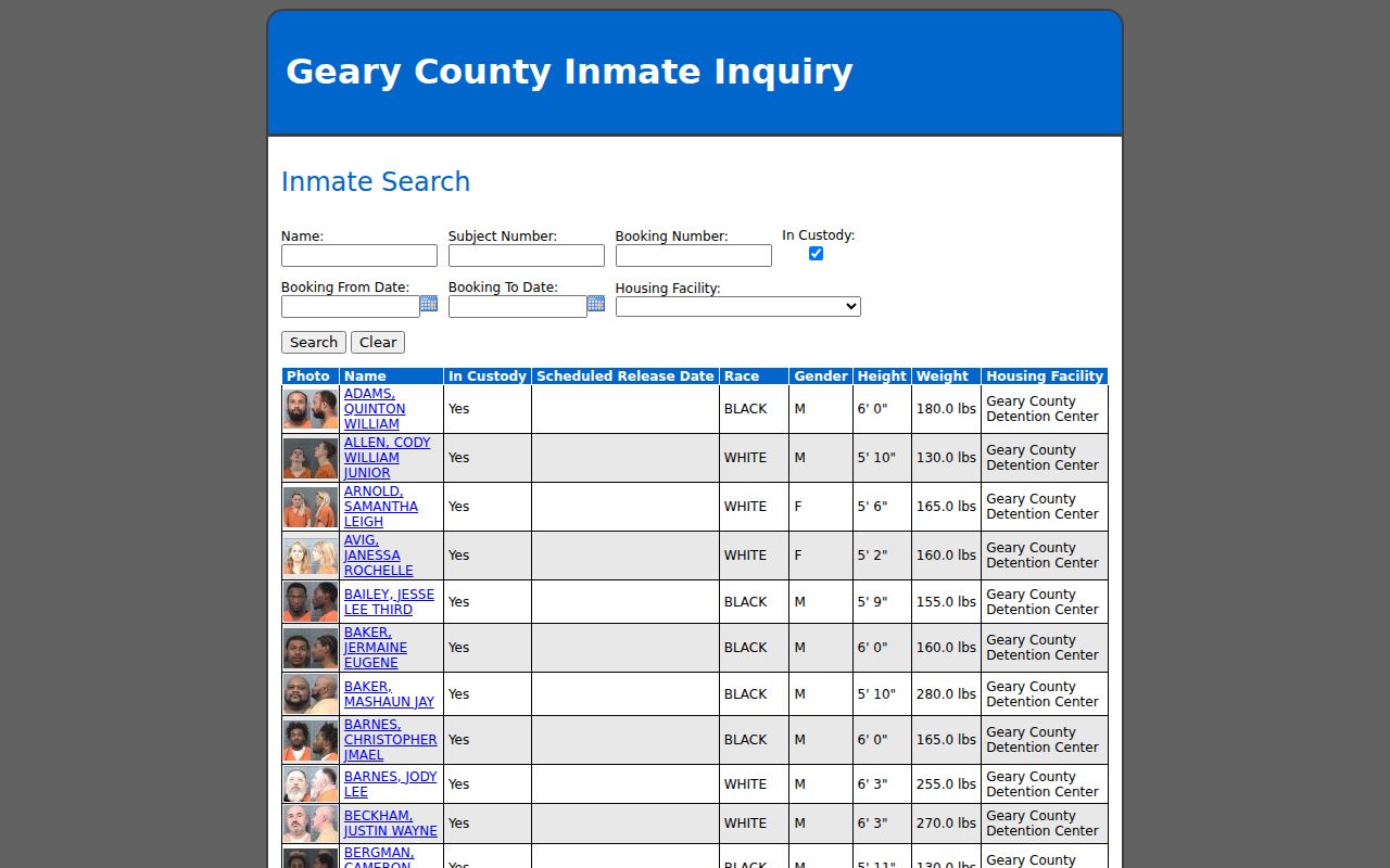 Geary County current inmate inquiry linked from the Junction City residents directory