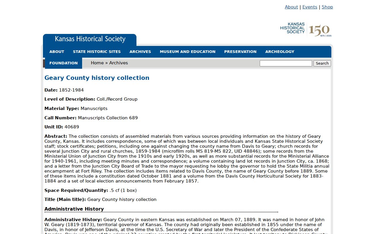 Junction City previous residents Kansas Historical Society Geary collection