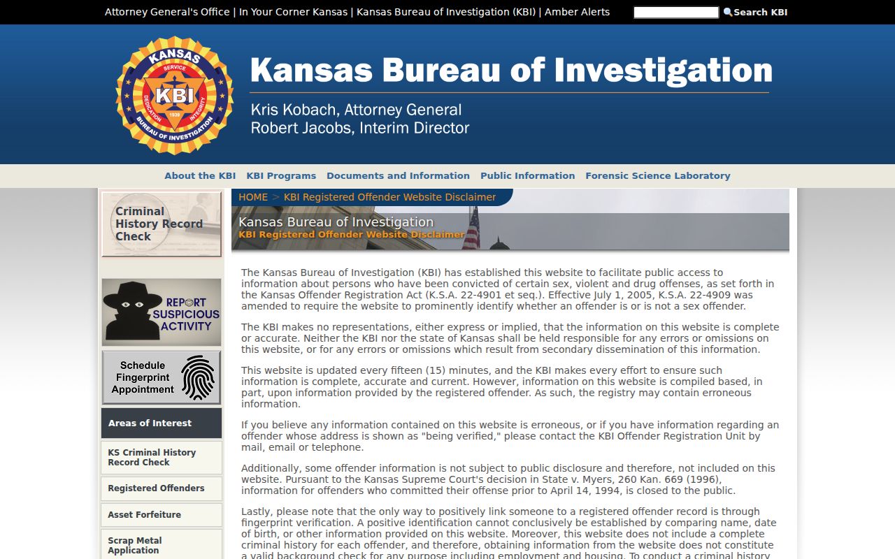 Kansas Bureau of Investigation registered offender search information screen