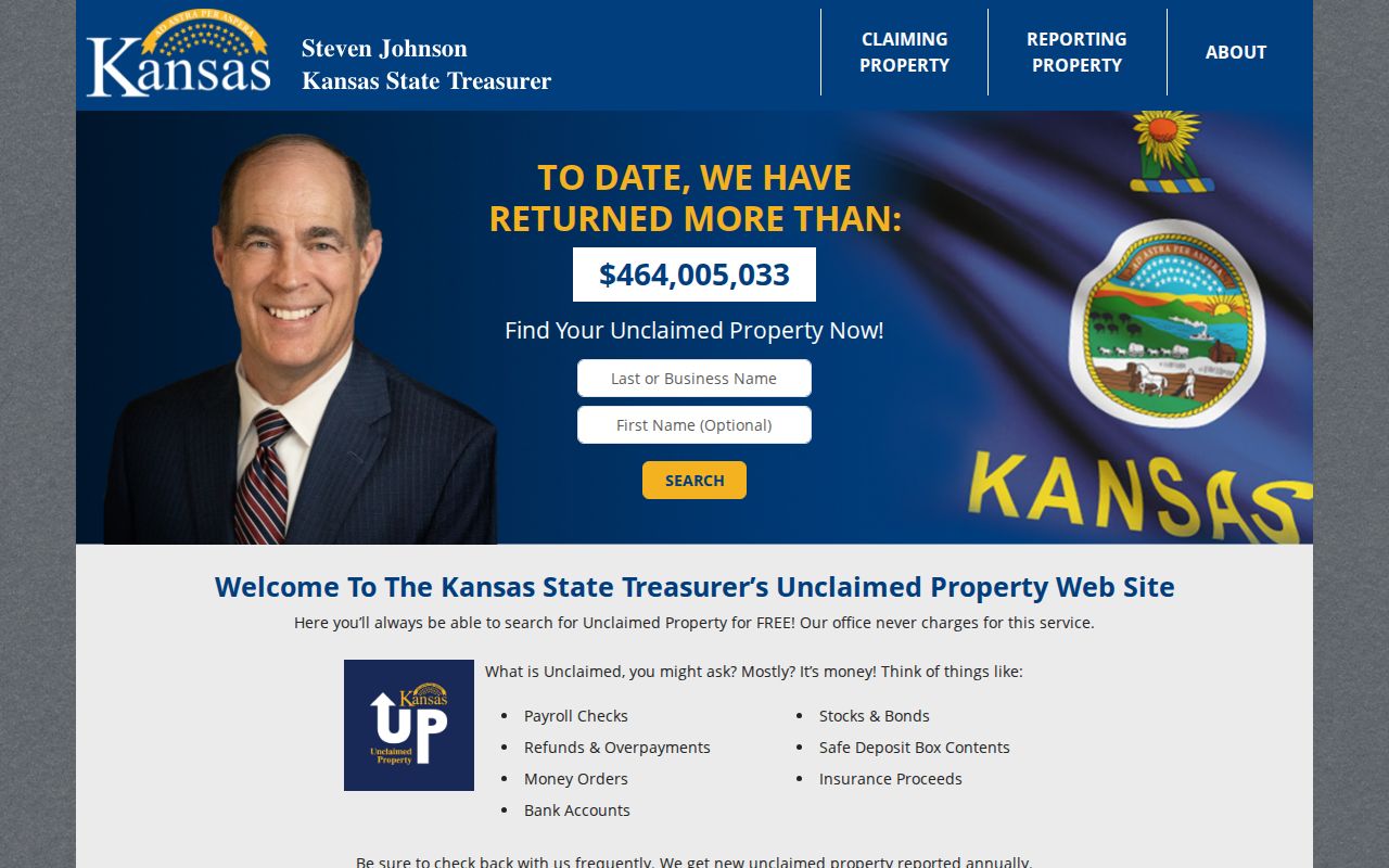Kansas unclaimed property search fields for a Junction City name or ZIP