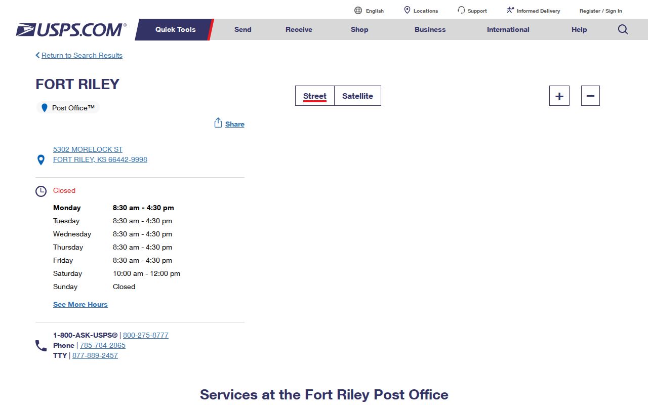 USPS Fort Riley Post Office page for ZIP code 66442